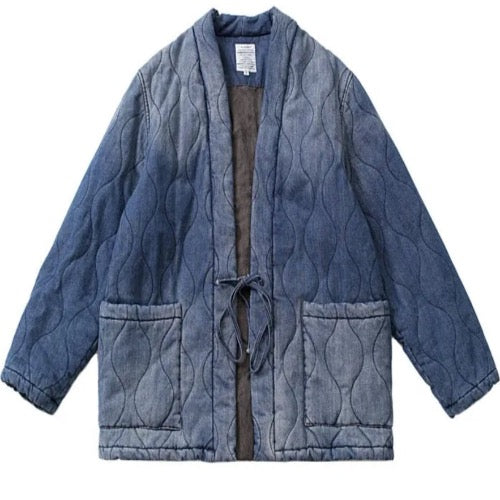 Men's Vintage Daopao Taoist Robe Padded Denim Jeans Jacket  Coat