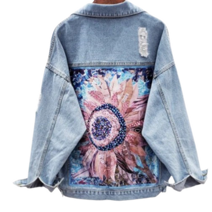 Women’s Floral Sequence Long Sleeve Denim Jeans Jacket