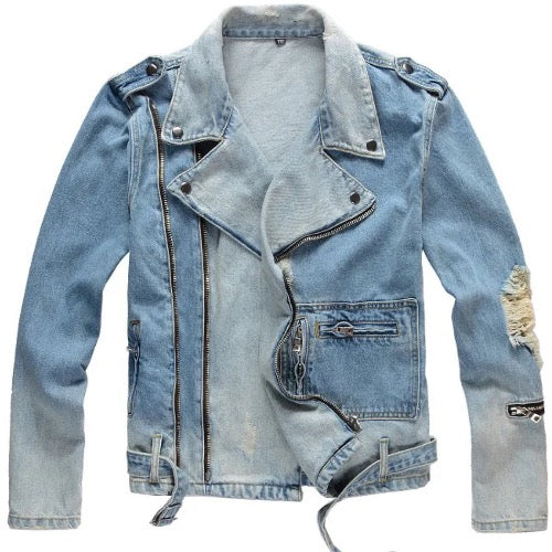 Men’s Urban Renegade Handmade Blue Denim Biker Jeans Jacket Coat