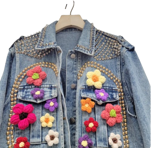 Women’s Studded and Flower Short Denim Jean’s Jacket Coat