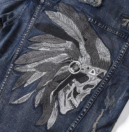 Men’s Shamans Skull Ripped Denim Jacket Coat