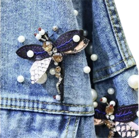 Woman’s Butterfly and Pearl Long Sleeve Denim Jeans Jacket