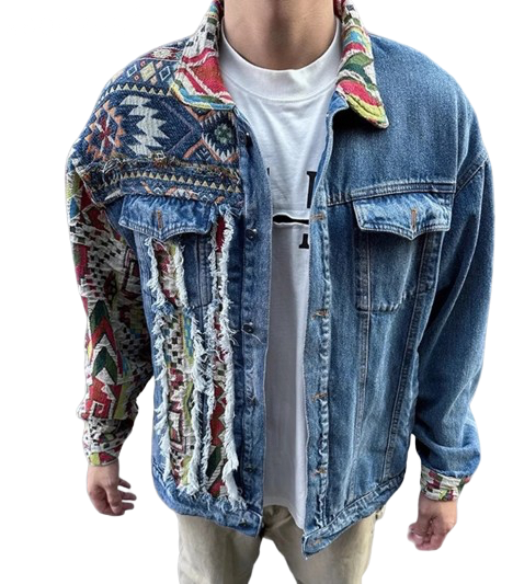 Men’s Bohemian Geometric Retro Print Denim Jeans Jacket Coat