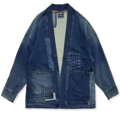 Men’s Retro V Neck Patchwork Cardigan Denim Jeans Coat