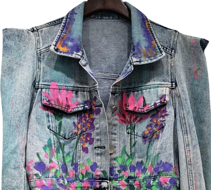 Women’s Hand Painted Lavender Dream High Shouldered Short Denim Jean’s Jacket