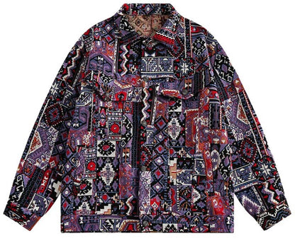 Men‘s Woven Bohemian Geo Print Denim Jeans Jacket Coat