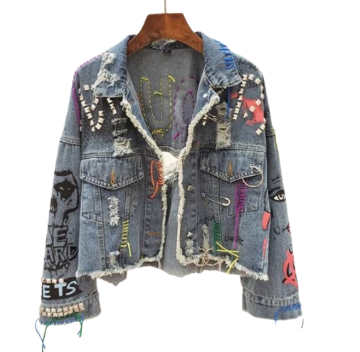 Women’s Punk Utopia Long Sleeve Denim Jeans Jacket (Dark Blue)