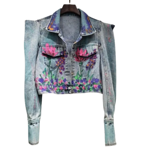 Women’s Hand Painted Lavender Dream High Shouldered Short Denim Jean’s Jacket