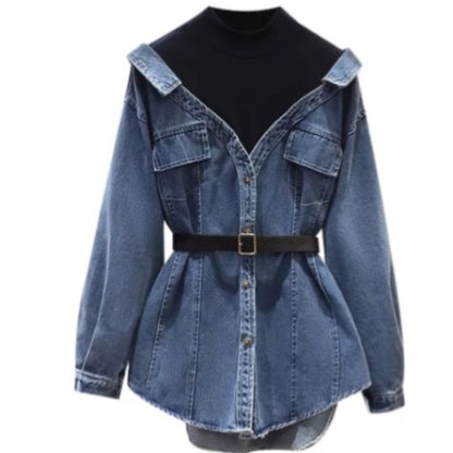 Women's Denim Single Breasted Belt Two Piece Denim Jacket Coat