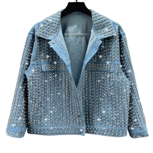 Women’s Diamanté Rhinestone Diva Long Sleeve Loose Denim Jacket Coat