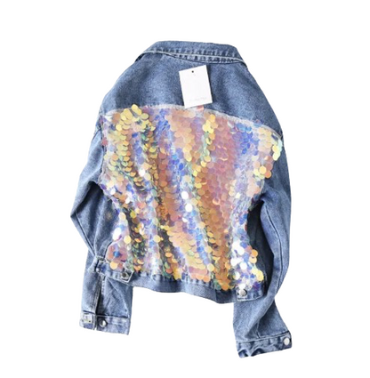 Women’s Sequin Back Short Long Sleeve Denim Jeans Jacket