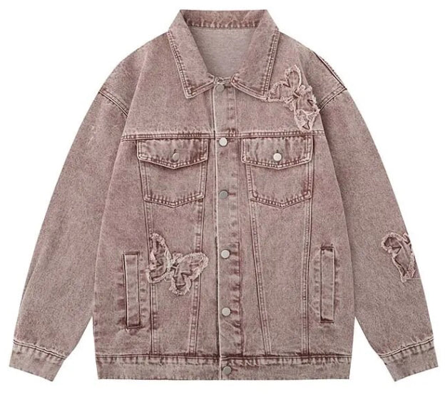 Unisex Retro Embroidered Rhinestone Butterfly Denim Jeans Jacket  Coat