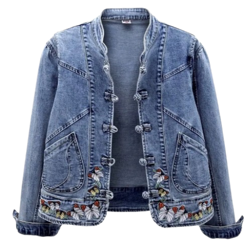 Women's Vintage Retro Chinoiserie Butterfly Embroidered Handmade Short Denim Jeans Jacket