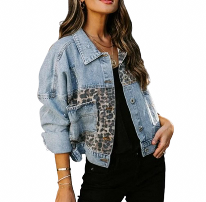 Women's Stone Washed  Long Sleeves Leopard Print Denim Jeans Jacket