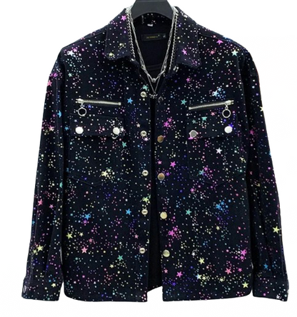 Men’s Constellation Star Burst Black Denim Jeans Jacket