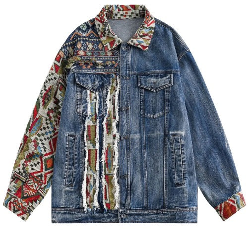 Men’s Bohemian Geometric Retro Print Denim Jeans Jacket Coat