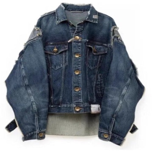 Men’s Ripped Shirt Infused Tech-Wear Denim Jeans Jacket Retro Punk