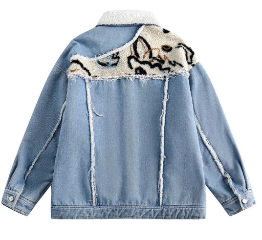 Men’s Abstract Graphic Oversized Plush Fleece Blue Denim Jeans Jacket Coat