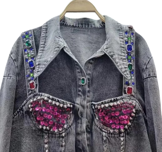 Women‘s Brassiere Bead and Gem Outline Cowgirl Style Denim Jeans Jacket Coat