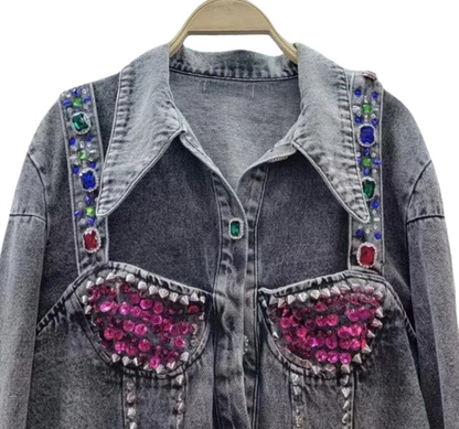 Women‘s Brassiere Bead and Gem Outline Cowgirl Style Denim Jeans Jacket Coat