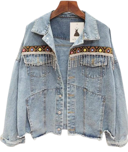 Women’s Retro Frayed Ethnic Embroidery Tassel Long Sleeve Blue Denim Jacket