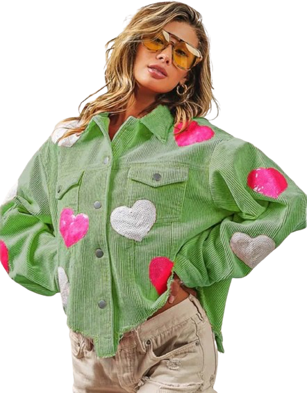 Women’s Love Heart Long Sleeve Corduroy  Denim Jeans Jacket