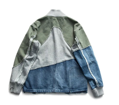 Men’s Ripped Retro Distressed Denim and Bomber Infused Turtleneck Jeans Jacket