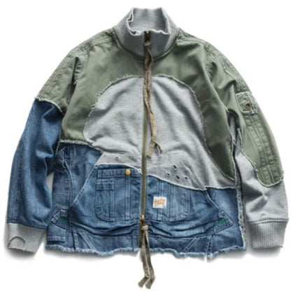 Men’s Ripped Retro Distressed Denim and Bomber Infused Turtleneck Jeans Jacket