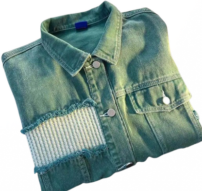 Unisex Vintage Green Cardigan Infused Panelled Denim Jeans Jackets