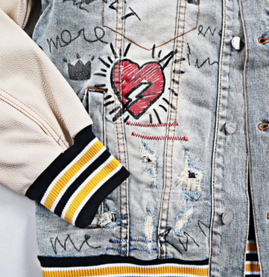 Men’s Baseball and Graffiti  Patchwork Denim Jeans Jacket Coat