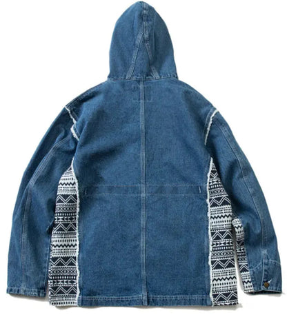 Men’s Bohemian Retro Chic Overhead Drawstring Pull Over Denim Jeans Jacket Coat