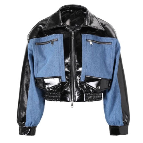 Men’s Retro Cyberpunk Short Patchwork Leather Denim Bomber Jeans Jacket Coat