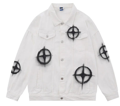 Men's Oversized Target Practice Graffiti Print Denim Jeans Jacket Coat