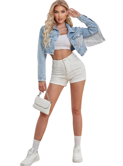 Women’s Cropped Tassel Long Sleeved Denim Jeans Jacket.