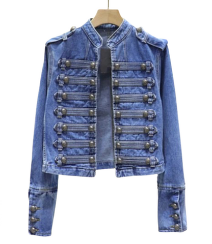 Women’s Retro Military Style Double-Breasted Slim Short Denim Jeans Jackets