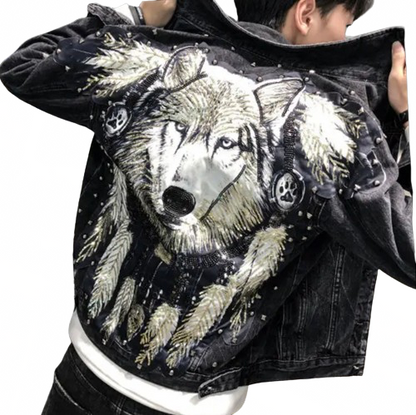 Men’s Detailed Sequin Spirit Wolf Handmade Denim Jean Jacket