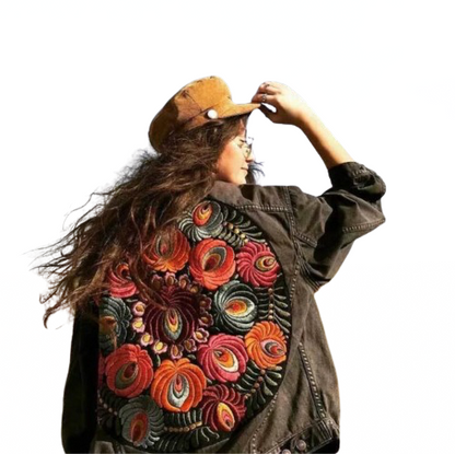 Women’s Oversized Bohemian Embroidered Floral Tapestry Denim Jeans Jacket