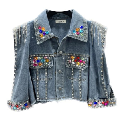 Women’s Diamanté and Pearl Heart Tassel Denim Long Sleeve Jeans Jacket Coat