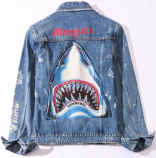 Men's Ripped Mangiare Shark Print Denim Jeans Jacket