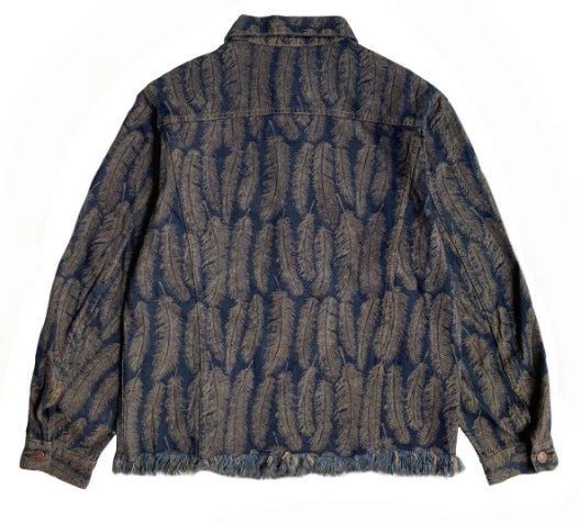 Men’s Vintage Feather Jacquard Tassel Denim Jacket Coat