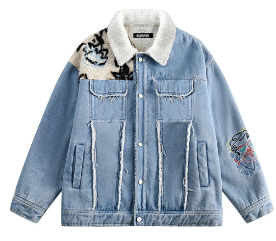 Men’s Abstract Graphic Oversized Plush Fleece Blue Denim Jeans Jacket Coat