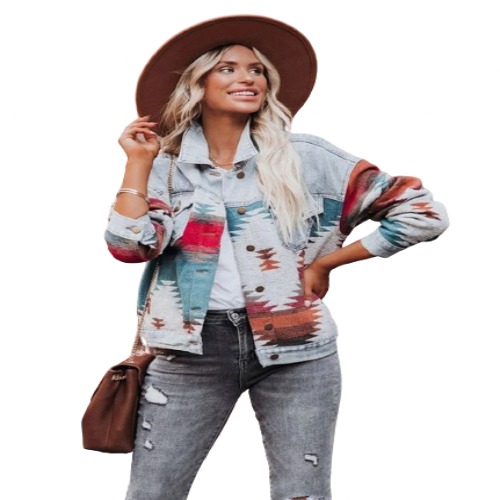 Women's Geometric Print Denim Jeans Jacket