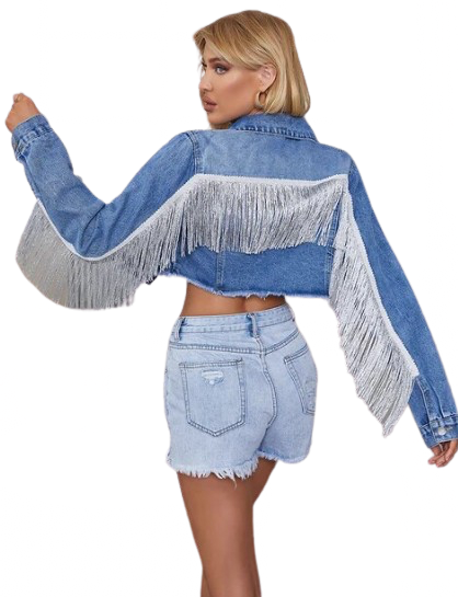 Women’s Cropped Tassel Long Sleeved Denim Jeans Jacket.