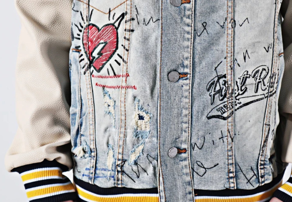 Men’s Baseball and Graffiti  Patchwork Denim Jeans Jacket Coat