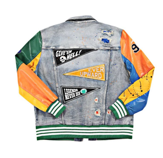 Men’s Baseball and Badges Patchwork Denim Jeans Jacket Coat