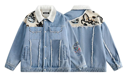 Men’s Abstract Graphic Oversized Plush Fleece Blue Denim Jeans Jacket Coat