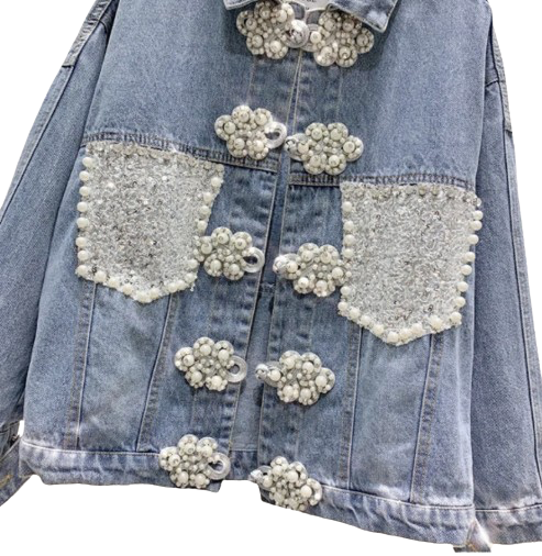 Women’s Retro Quaint  Pearlocious Denim Jeans Jacket