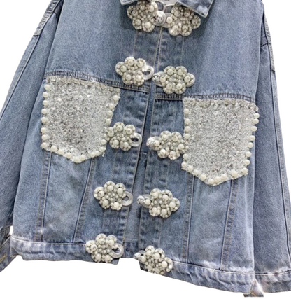 Women’s Retro Quaint  Pearlocious Denim Jeans Jacket