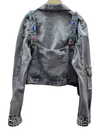 Women‘s Brassiere Bead and Gem Outline Cowgirl Style Denim Jeans Jacket Coat