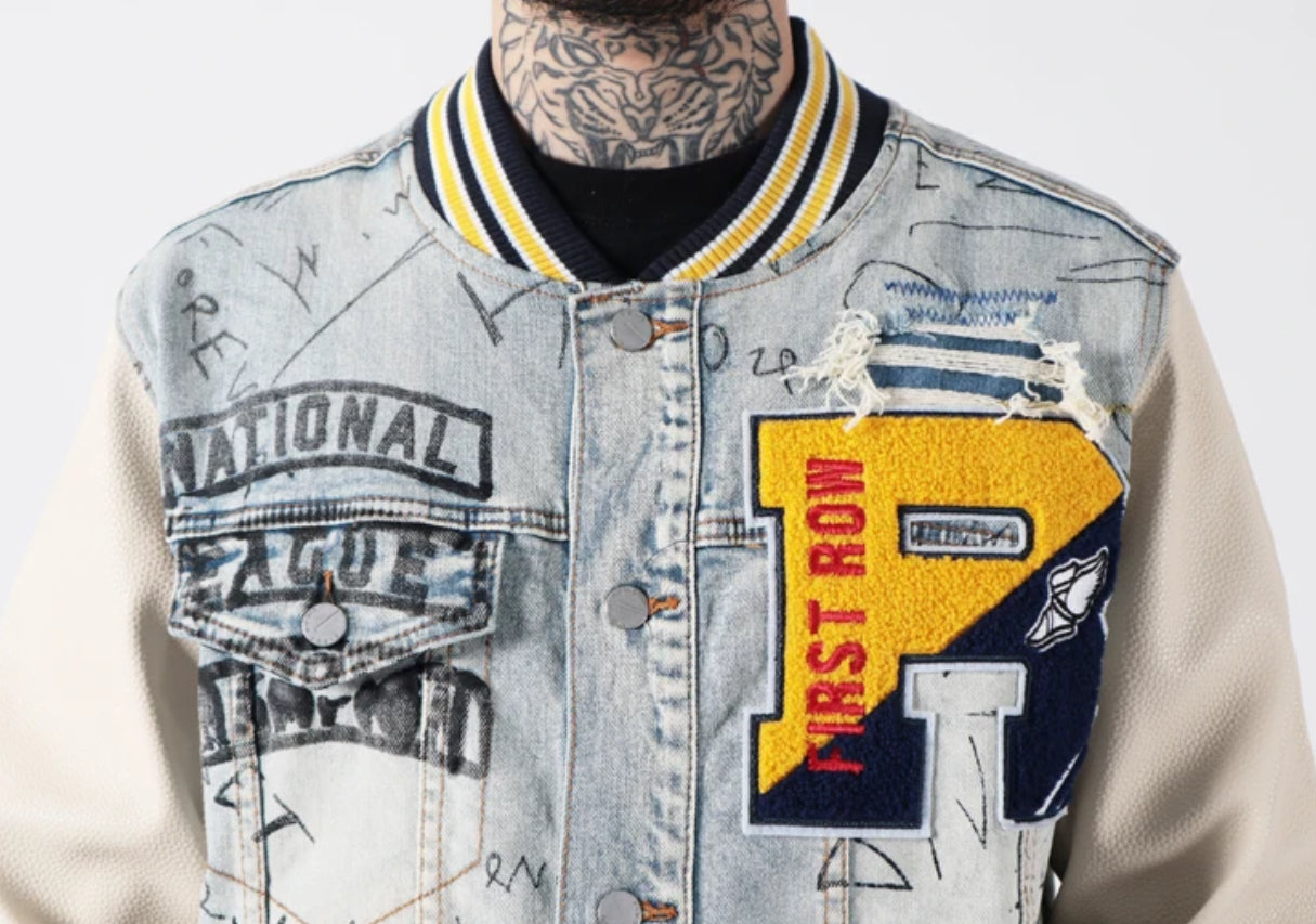 Men’s Baseball and Graffiti  Patchwork Denim Jeans Jacket Coat